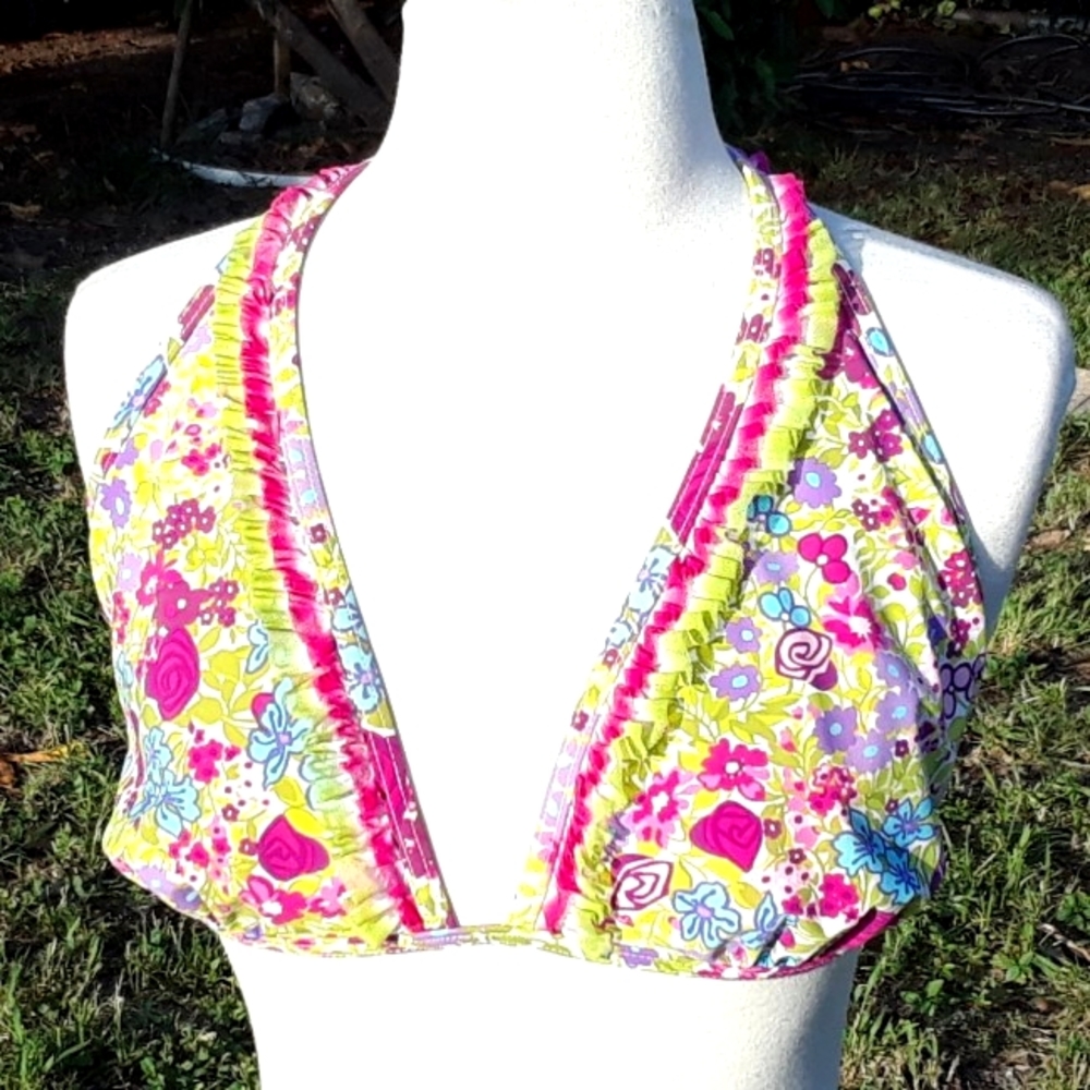 Gottex Womens Bikini Top Flower Ruffle Lace Neon Pink Green Swimsuit 36D